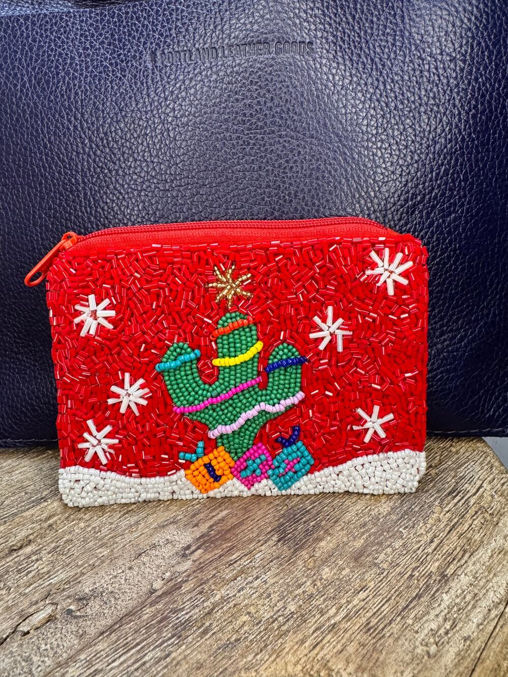 Christmas Cactus Beaded Coin Purse Holiday Pouch Womens Gift for Her NEW!